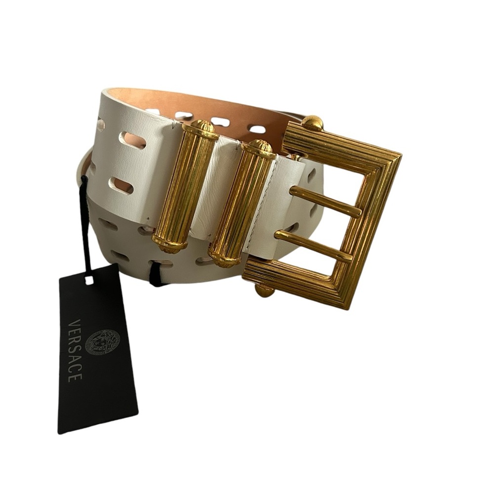 VERSACE Gold Square Buckle Leather Belt White Three Prong NWT Bag Size 85/34 - Picture 1 of 13
